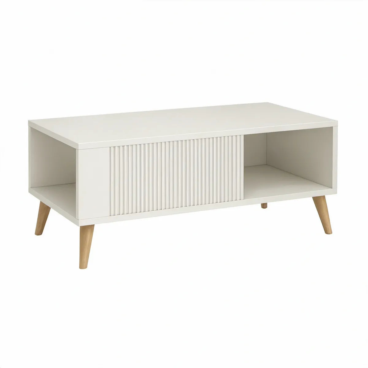 Hvidt sofabord med ribbet skydelåge og åbne rum, 100 x 50 x 45 cm