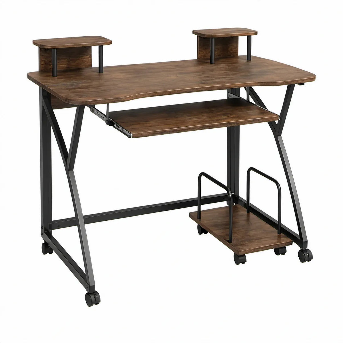 Computerskrivebord med 2 skærmhylder, udtrækkelig tastaturbakke og mobil CPU-holder, 120 x 60 x 93 cm, brun/sort