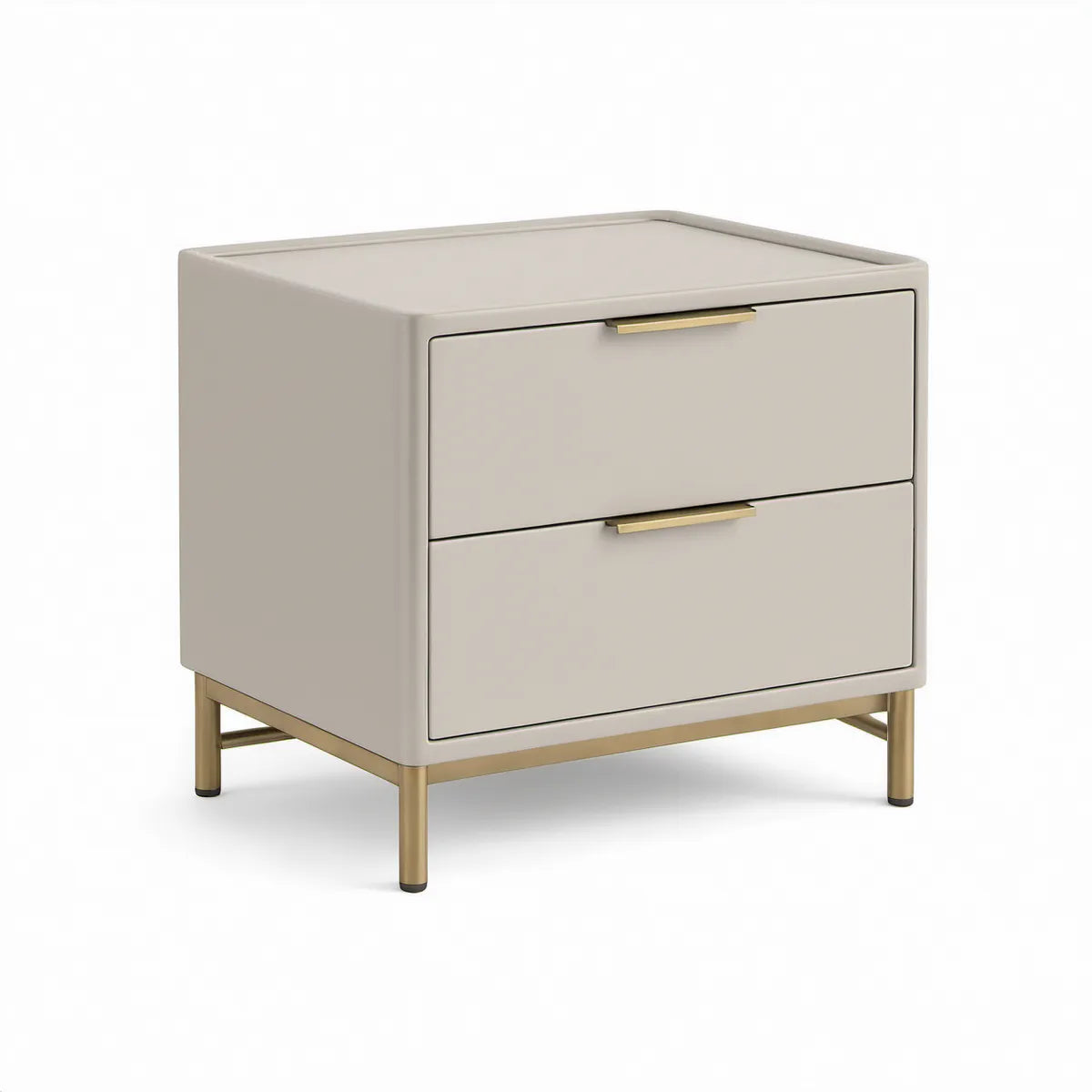 Rektangulært sengebord med 2 skuffer i beige PU-kunstlæder og guldfarvet stål, 50 x 40 x 55 cm
