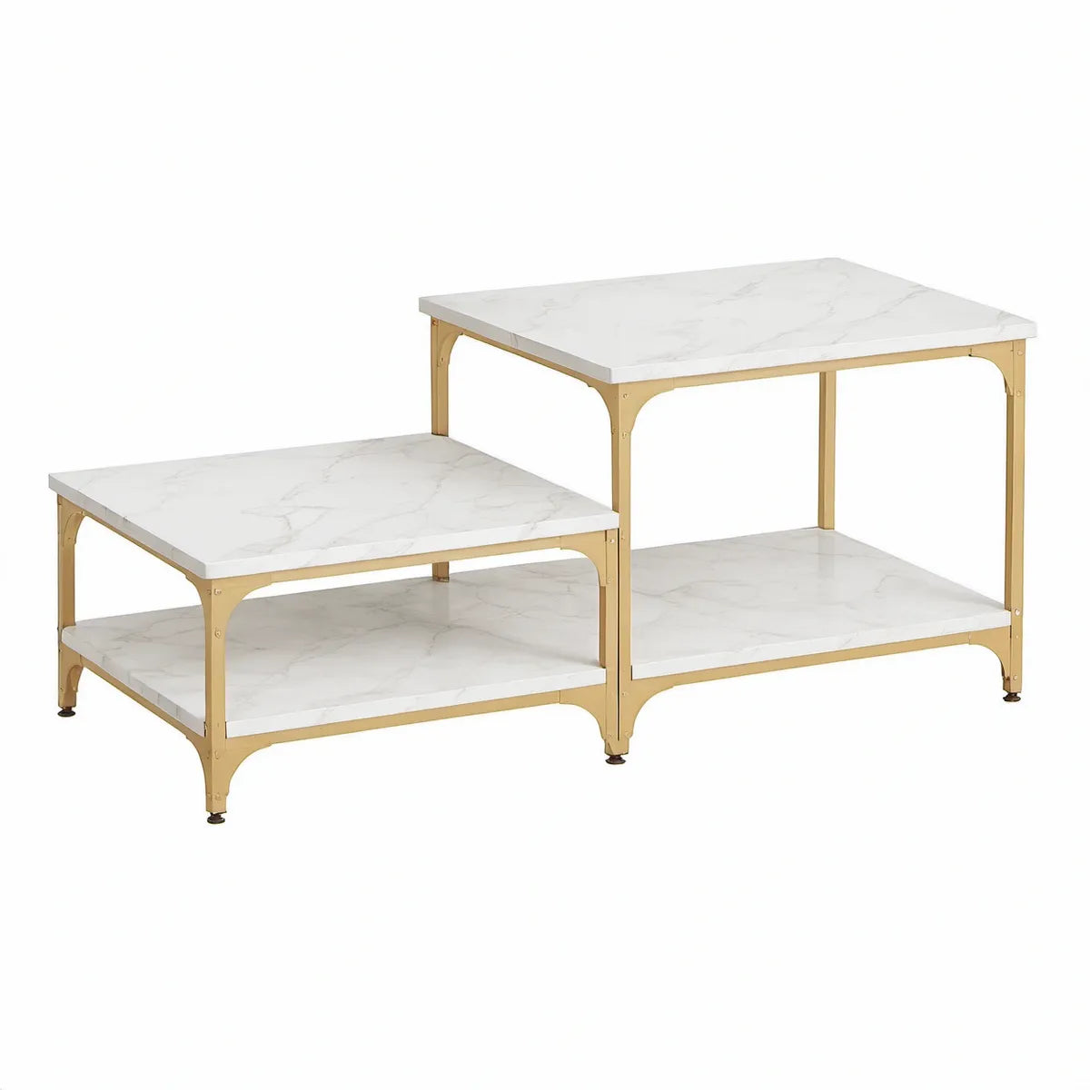 Sæt med 2 kvadratiske borde i hvid marmorlook og guld, 80 x 80 x 45 cm og 70 x 70 x 40 cm