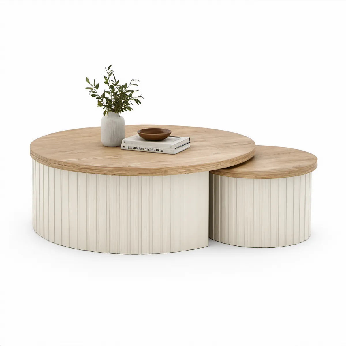 Sæt med 2 runde borde i natur og hvid – Ø80 x 40 cm og Ø60 x 35 cm