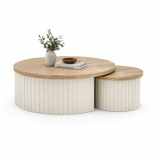 Sæt med 2 runde borde i natur og hvid – Ø80 x 40 cm og Ø60 x 35 cm