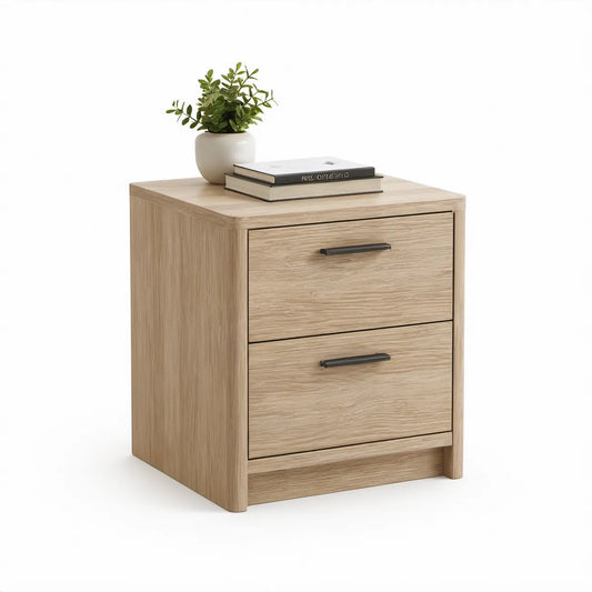 Sengebord med 2 skuffer, 50 x 40 x 60 cm, lys eg/sort