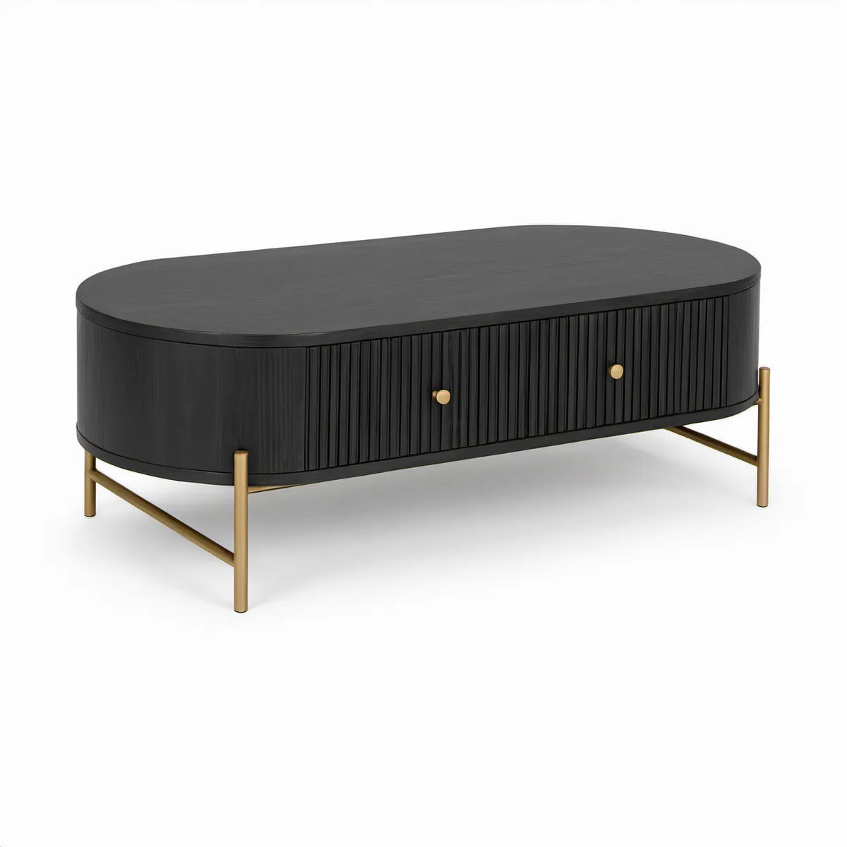 Ovalt sofabord med 2 skuffer, 120 x 60 x 45 cm, sort og guldfarvet