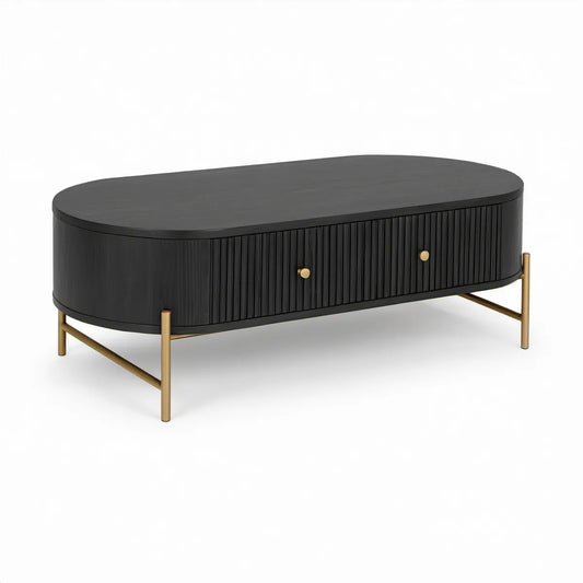 Ovalt sofabord med 2 skuffer, 120 x 60 x 45 cm, sort og guldfarvet