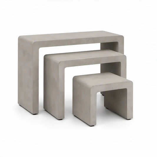 Indskudsbordsæt med 3 rektangulære borde i grå fiberarmeret cement, 50 x 35 x 50 cm, 40 x 30 x 40 cm og 30 x 25 x 30 cm